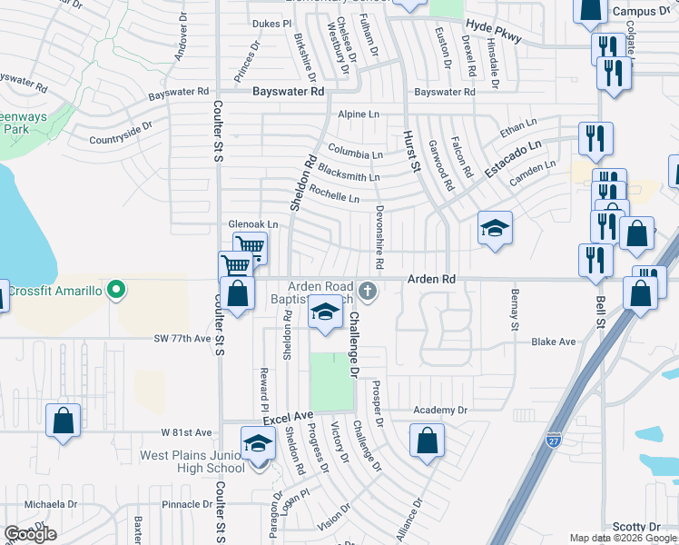 map of restaurants, bars, coffee shops, grocery stores, and more near 7501-7503 Westover Place in Amarillo
