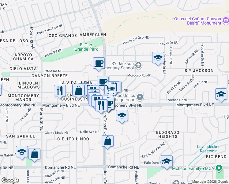 map of restaurants, bars, coffee shops, grocery stores, and more near 11201 Montgomery Boulevard Northeast in Albuquerque