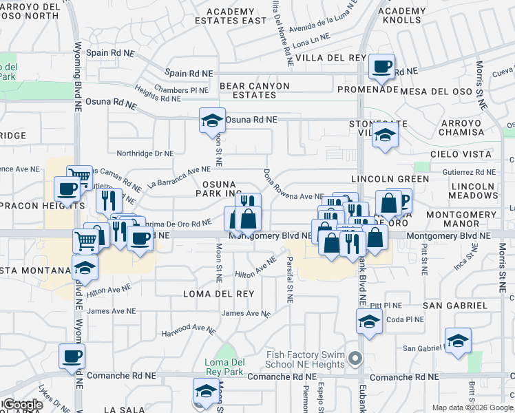 map of restaurants, bars, coffee shops, grocery stores, and more near 9212 Lagrima De Oro Road Northeast in Albuquerque