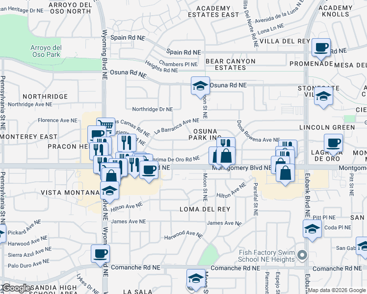 map of restaurants, bars, coffee shops, grocery stores, and more near 8917 Lagrima De Oro Road Northeast in Albuquerque