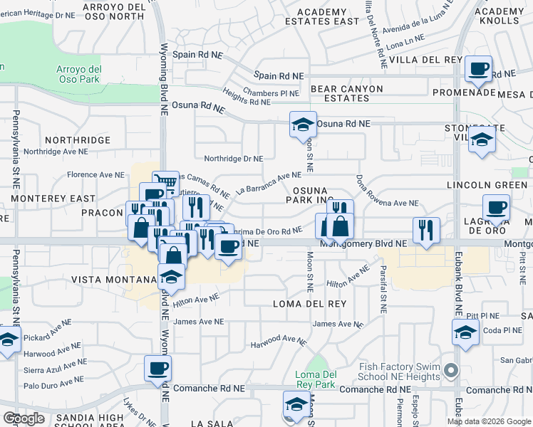 map of restaurants, bars, coffee shops, grocery stores, and more near 8901 Lagrima De Oro Road Northeast in Albuquerque