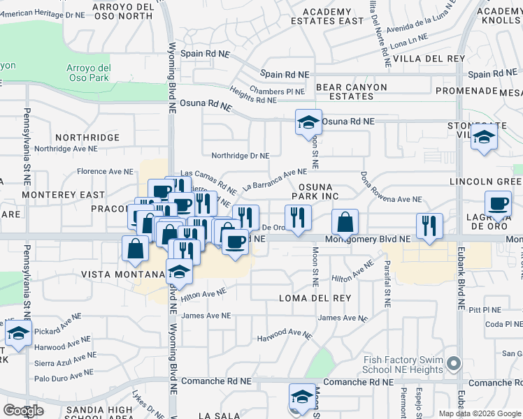map of restaurants, bars, coffee shops, grocery stores, and more near 8901 Lagrima De Oro Road Northeast in Albuquerque