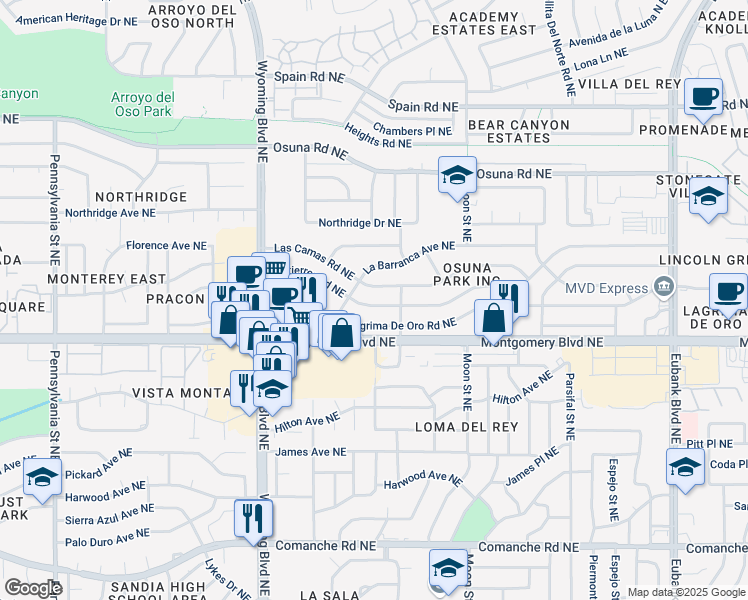 map of restaurants, bars, coffee shops, grocery stores, and more near 8713 Lagrima De Oro Road Northeast in Albuquerque