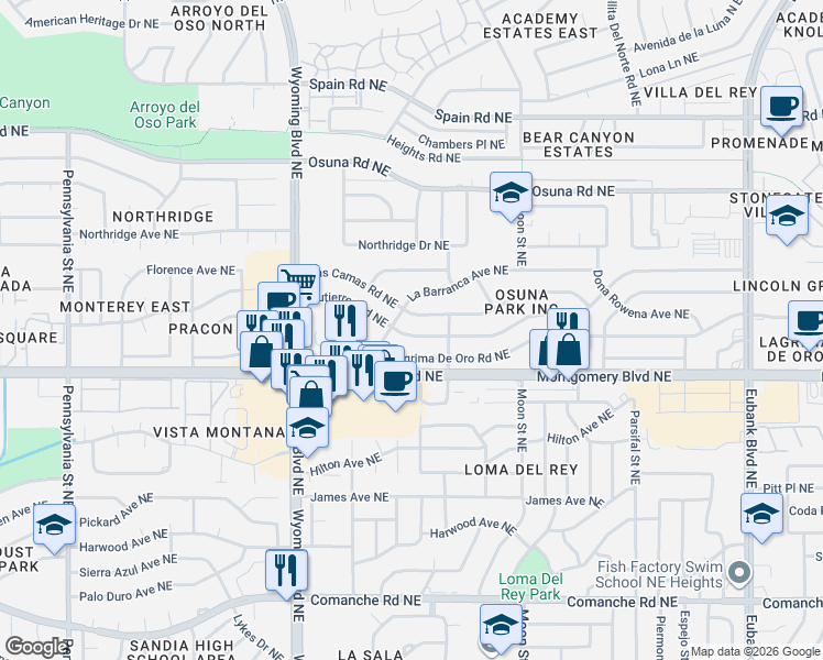 map of restaurants, bars, coffee shops, grocery stores, and more near 8713 Lagrima De Oro Road Northeast in Albuquerque