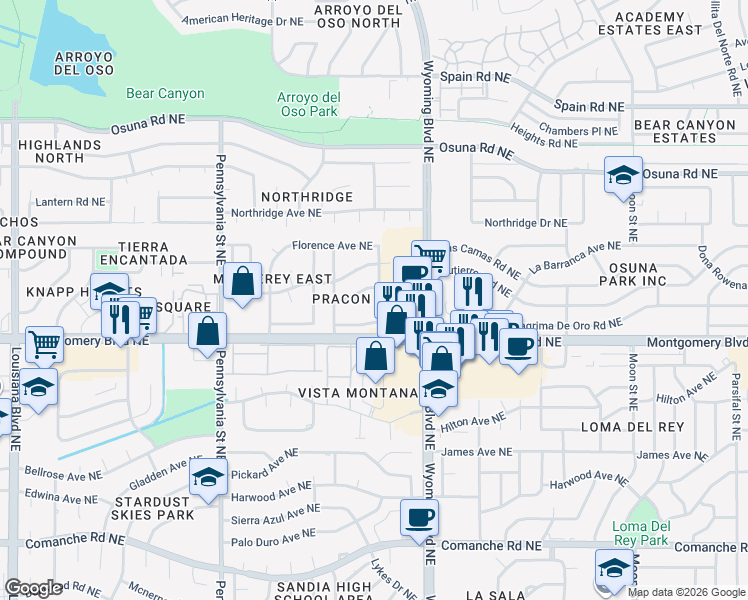 map of restaurants, bars, coffee shops, grocery stores, and more near 8225 Bret Place Northeast in Albuquerque