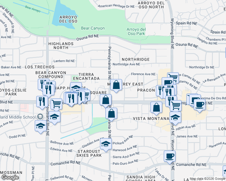 map of restaurants, bars, coffee shops, grocery stores, and more near 7525 Montgomery Boulevard Northeast in Albuquerque