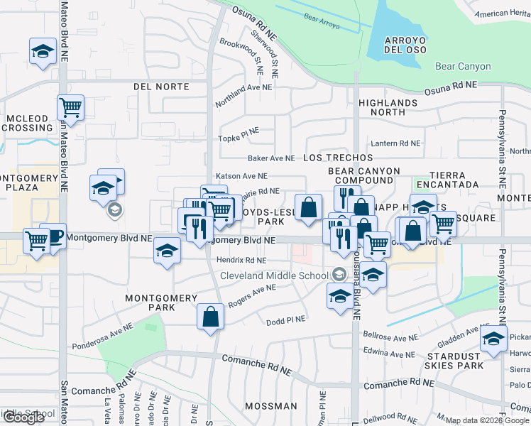 map of restaurants, bars, coffee shops, grocery stores, and more near 4100 Marla Drive Northeast in Albuquerque