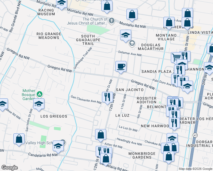 map of restaurants, bars, coffee shops, grocery stores, and more near 4608 Grande Drive Northwest in Albuquerque