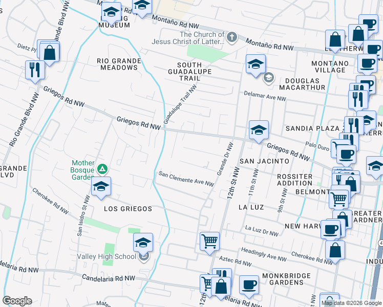 map of restaurants, bars, coffee shops, grocery stores, and more near 1411 Freeman Avenue Northwest in Albuquerque