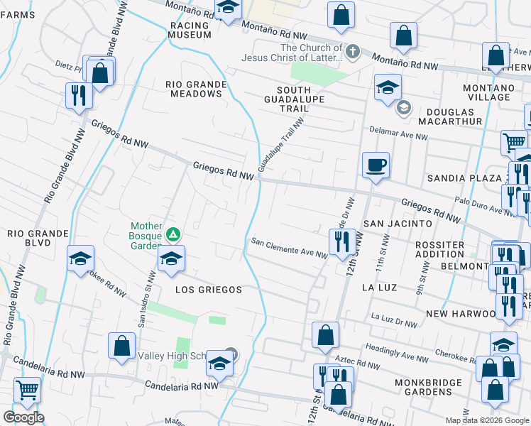 map of restaurants, bars, coffee shops, grocery stores, and more near 4500 Pedroncelli Court Northwest in Albuquerque