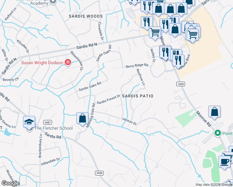 map of restaurants, bars, coffee shops, grocery stores, and more near 9232 Sardis Forest Drive in Charlotte