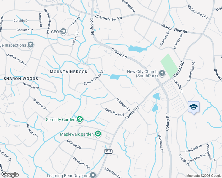 map of restaurants, bars, coffee shops, grocery stores, and more near 3524 Mill Pond Road in Charlotte