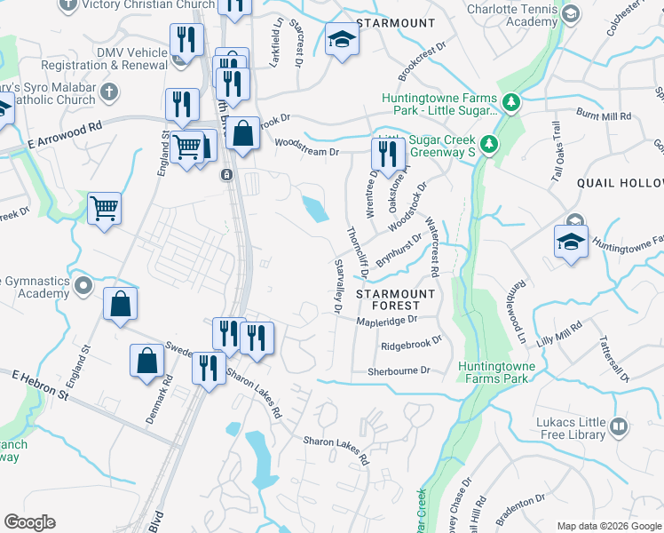 map of restaurants, bars, coffee shops, grocery stores, and more near 7328 Starvalley Drive in Charlotte