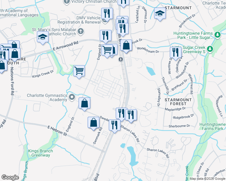 map of restaurants, bars, coffee shops, grocery stores, and more near 7902 Denmark Road in Charlotte