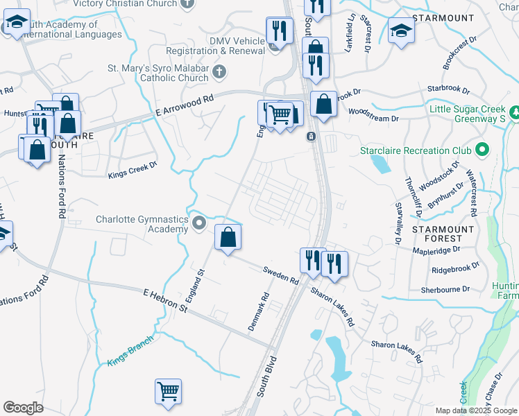 map of restaurants, bars, coffee shops, grocery stores, and more near 7907 England Street in Charlotte