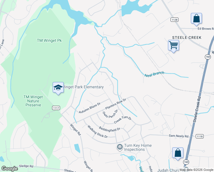 map of restaurants, bars, coffee shops, grocery stores, and more near 4130 Planters Watch Drive in Charlotte