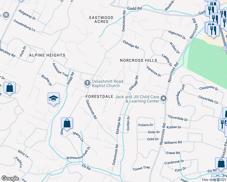 map of restaurants, bars, coffee shops, grocery stores, and more near 4795 Forest Wood Lane in Chattanooga