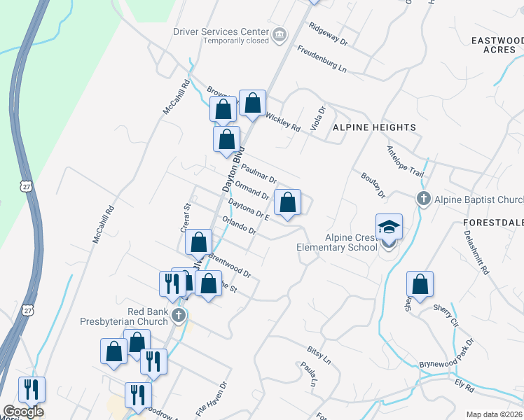 map of restaurants, bars, coffee shops, grocery stores, and more near 102 Daytona Drive East in Chattanooga