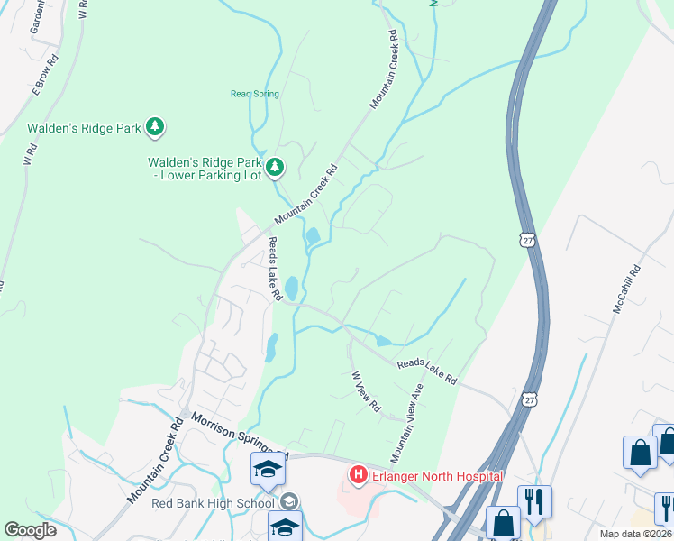 map of restaurants, bars, coffee shops, grocery stores, and more near 800 Reads Lake Road in Chattanooga