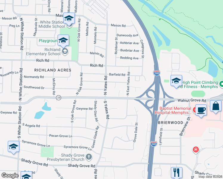 map of restaurants, bars, coffee shops, grocery stores, and more near 5644 Walnut Grove Road in Memphis