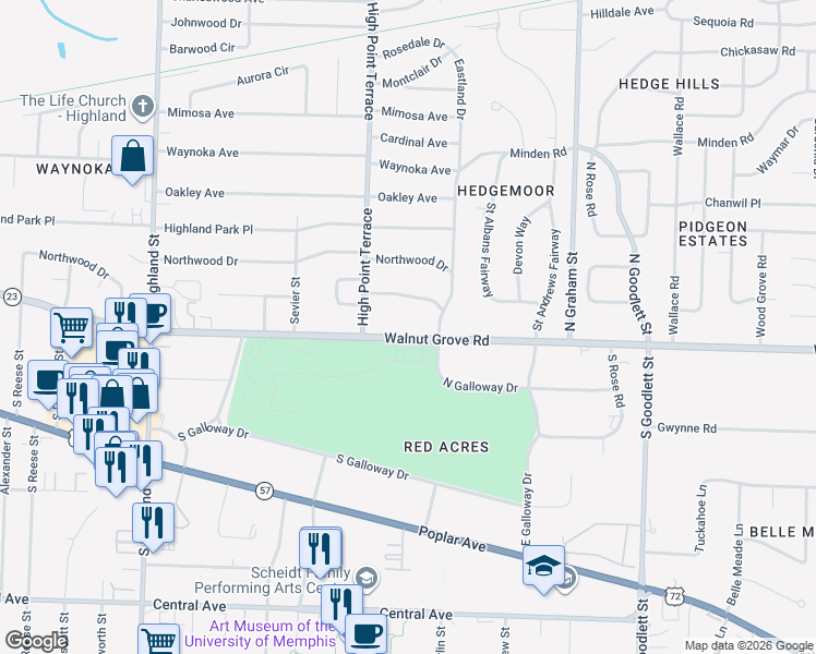 map of restaurants, bars, coffee shops, grocery stores, and more near 3815 Walnut Grove Road in Memphis