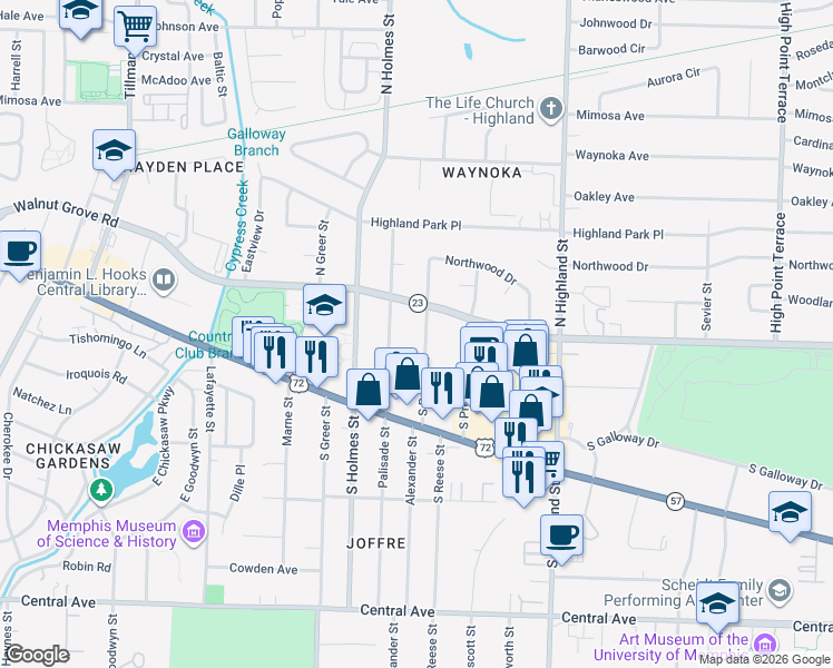 map of restaurants, bars, coffee shops, grocery stores, and more near 17 South Reese Street in Memphis