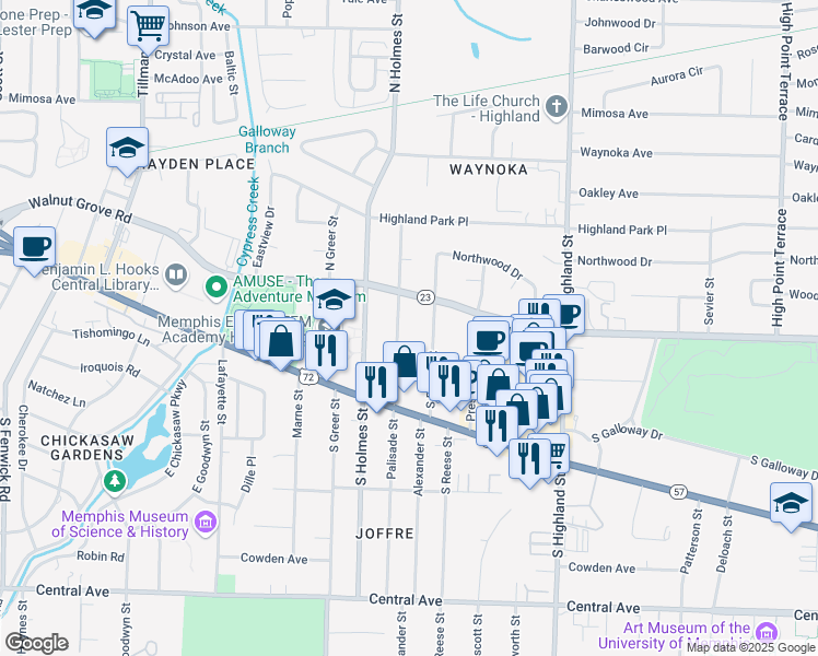 map of restaurants, bars, coffee shops, grocery stores, and more near 17 South Reese Street in Memphis