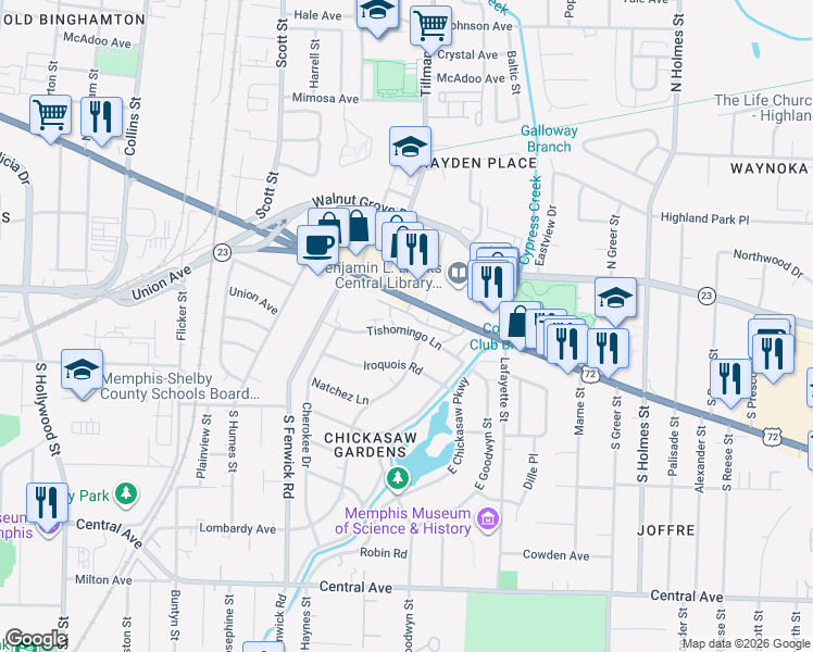 map of restaurants, bars, coffee shops, grocery stores, and more near 2975 Tishomingo Lane in Memphis