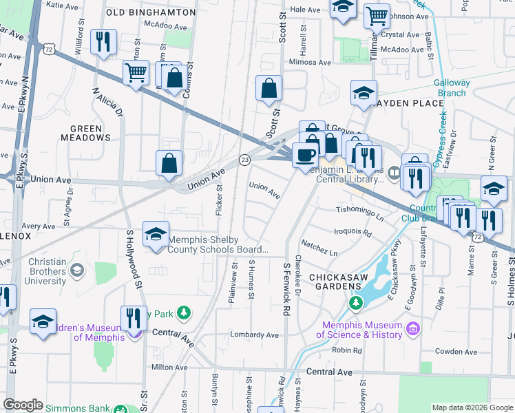 map of restaurants, bars, coffee shops, grocery stores, and more near 2780 Natchez Lane in Memphis