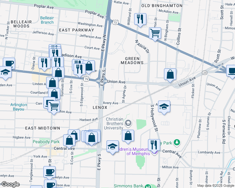 map of restaurants, bars, coffee shops, grocery stores, and more near 167 Roberta Drive in Memphis