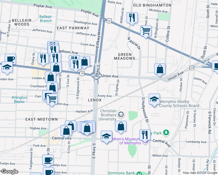 map of restaurants, bars, coffee shops, grocery stores, and more near 167 Roberta Drive in Memphis