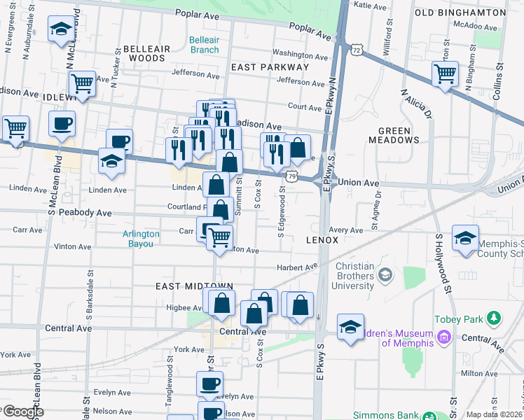 map of restaurants, bars, coffee shops, grocery stores, and more near 2221 Brewers Landing in Memphis