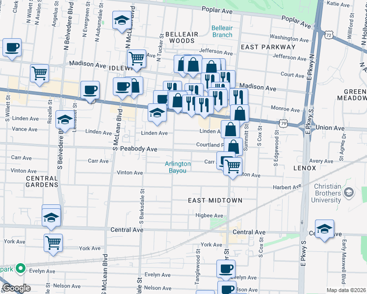 map of restaurants, bars, coffee shops, grocery stores, and more near 523 Diana Street in Memphis