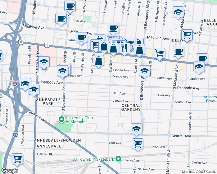 map of restaurants, bars, coffee shops, grocery stores, and more near 1536 Carr Avenue in Memphis