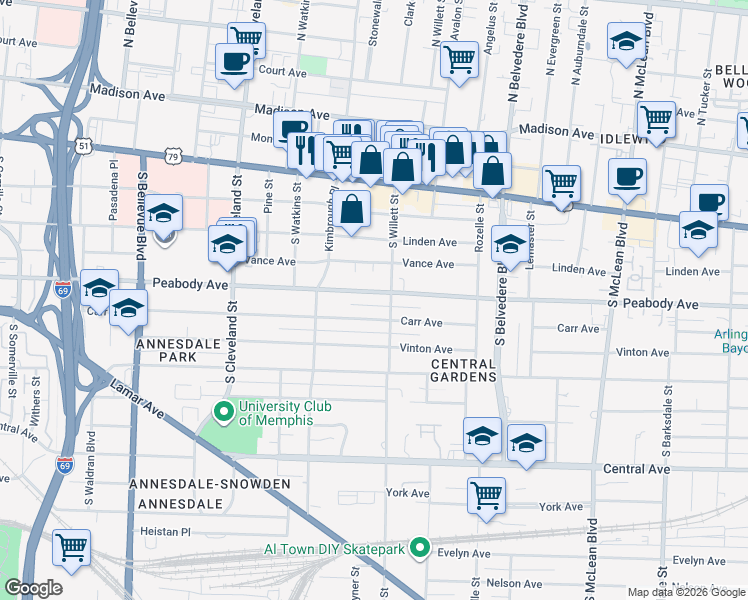map of restaurants, bars, coffee shops, grocery stores, and more near 1536 Carr Avenue in Memphis