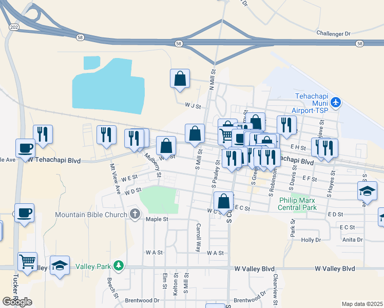 map of restaurants, bars, coffee shops, grocery stores, and more near 414 West Tehachapi Boulevard in Tehachapi