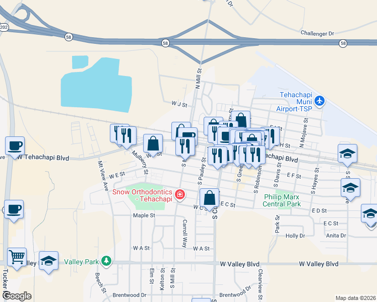 map of restaurants, bars, coffee shops, grocery stores, and more near 114 South Mill Street in Tehachapi