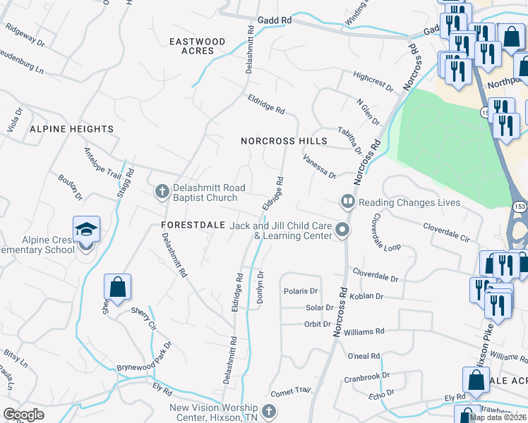 map of restaurants, bars, coffee shops, grocery stores, and more near 4715 Eldridge Road in Chattanooga