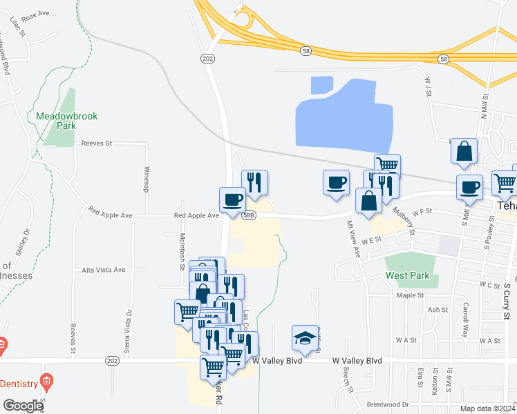 map of restaurants, bars, coffee shops, grocery stores, and more near 1001 West Tehachapi Boulevard in Tehachapi