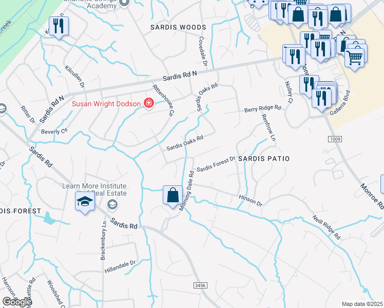 map of restaurants, bars, coffee shops, grocery stores, and more near 9005 Tree Haven Drive in Charlotte