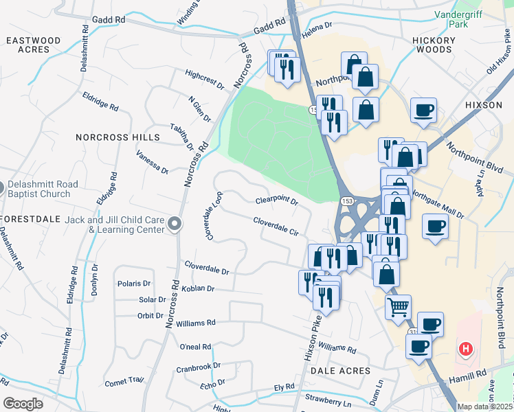 map of restaurants, bars, coffee shops, grocery stores, and more near 1336 Clearpoint Drive in Chattanooga