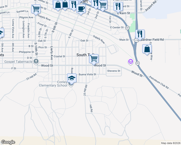 map of restaurants, bars, coffee shops, grocery stores, and more near 429 Eastern Avenue in Taft