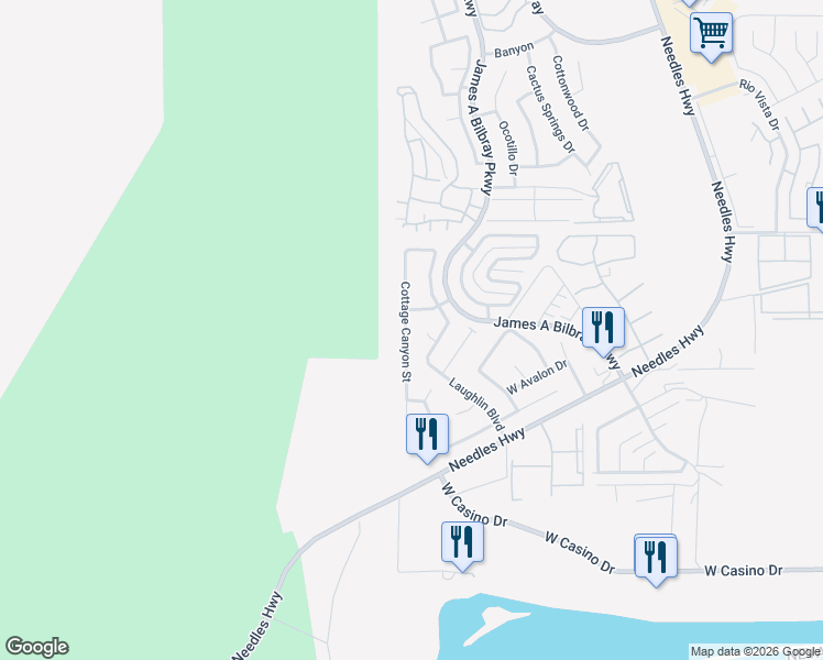 map of restaurants, bars, coffee shops, grocery stores, and more near 3588 Cottage Canyon Street in Laughlin