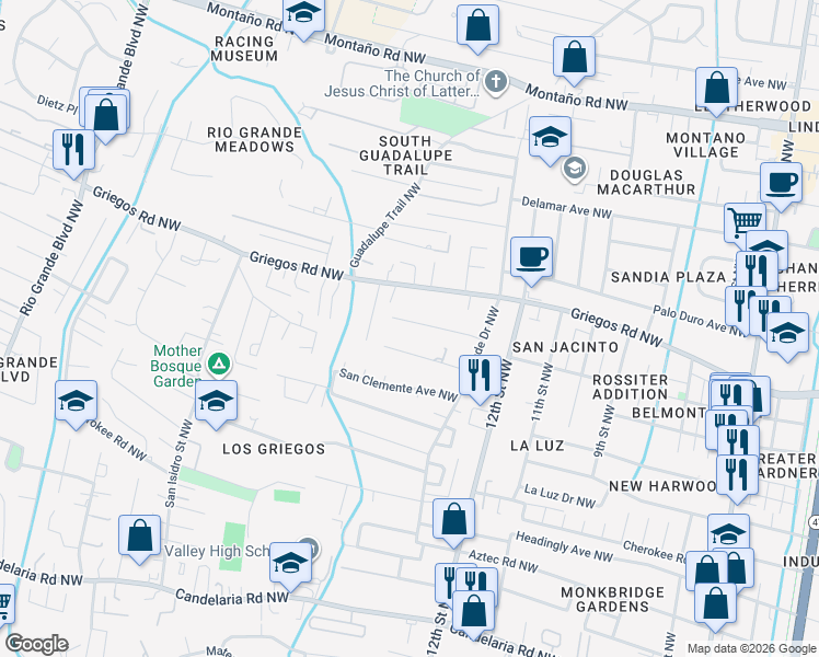 map of restaurants, bars, coffee shops, grocery stores, and more near 1411 Freeman Avenue Northwest in Albuquerque