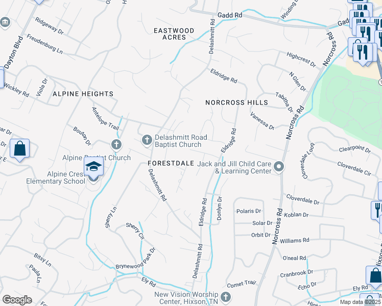 map of restaurants, bars, coffee shops, grocery stores, and more near 804 Forest Dale Lane in Chattanooga