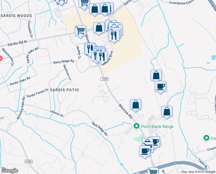 map of restaurants, bars, coffee shops, grocery stores, and more near 10315 Monroe Road in Matthews