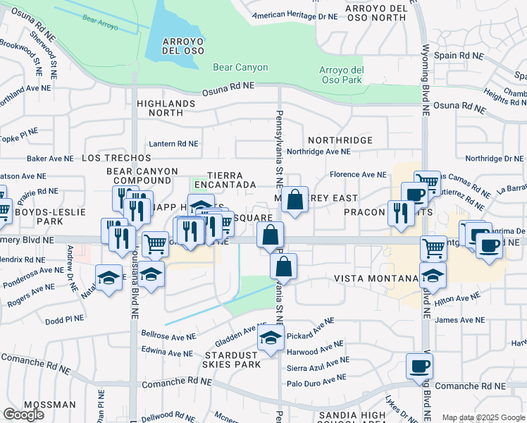 map of restaurants, bars, coffee shops, grocery stores, and more near 7501 Montgomery Boulevard Northeast in Albuquerque