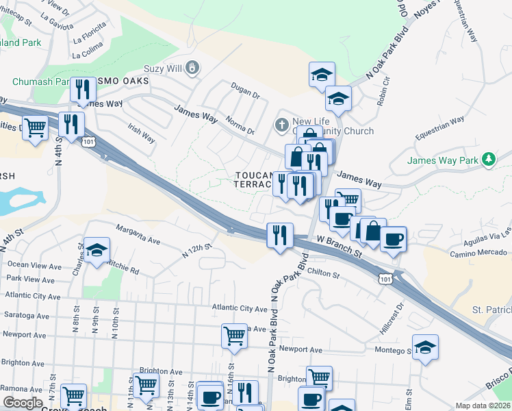 map of restaurants, bars, coffee shops, grocery stores, and more near 120 Village Circle in Pismo Beach