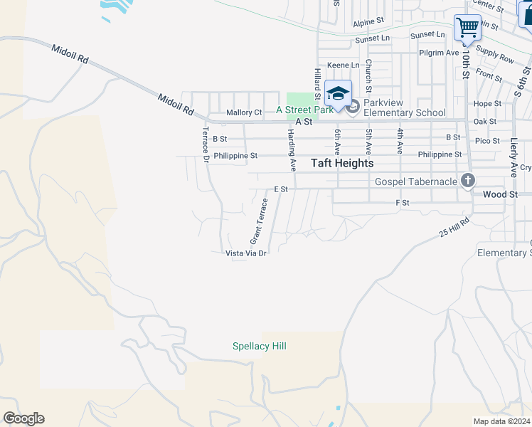 map of restaurants, bars, coffee shops, grocery stores, and more near 514 Grant Terrace in Taft