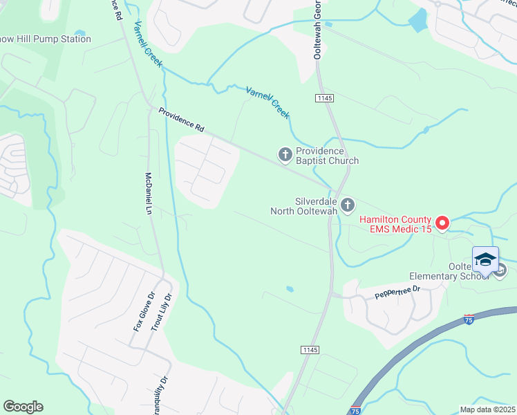 map of restaurants, bars, coffee shops, grocery stores, and more near 8385 Varnell Lane in Ooltewah